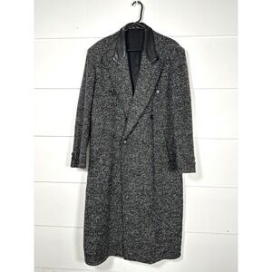 Le Tigre Tweed Long Coat 42 unisex‎ womens vintage 80s gray black leather collar